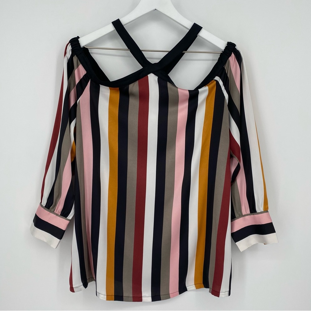 LOFT Off The Shoulder Multicolor Striped Blouse, L
